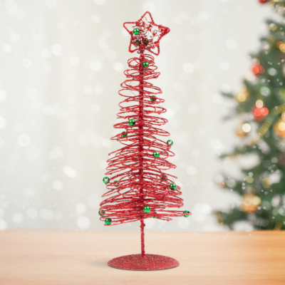 Karácsonyi, glitteres, fém karácsonyfa - 28 cm - piros