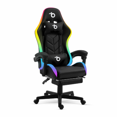 RGB LED-es gamer szék - fekete/fehér - karfával, párnával