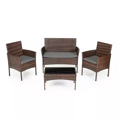 Kerti bútorszett - 1 asztal, 2 szék, 1 pad - barna - rattan
