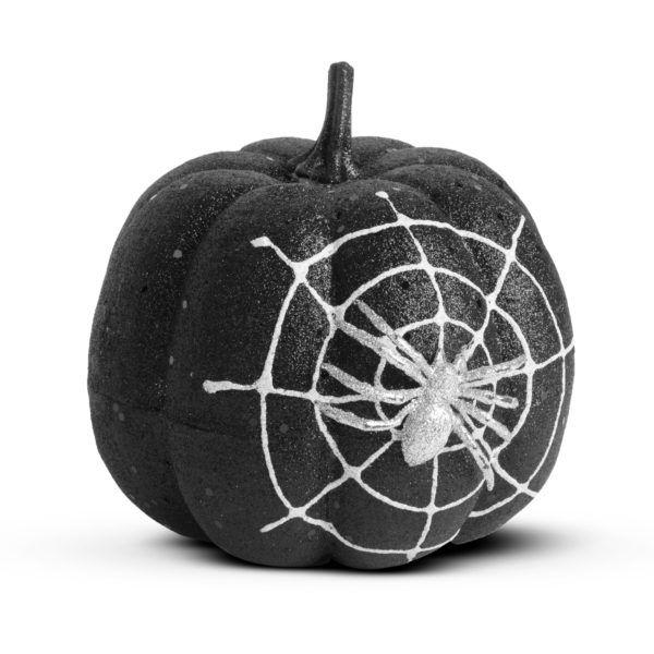 Halloweeni tök dekoráció - fekete glitteres - pókhálóval - 15 cm