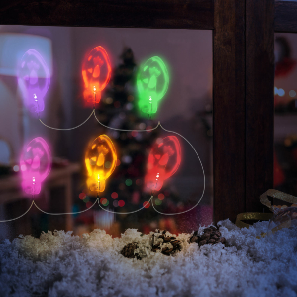 Karácsonyi LED-es fényfüzér - gél ablakmatrica - 6 LED - színes formák