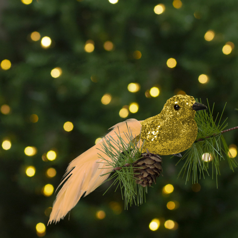 Karácsonyi dísz - csipeszes - glitteres madár - arany - 2 db / csomag