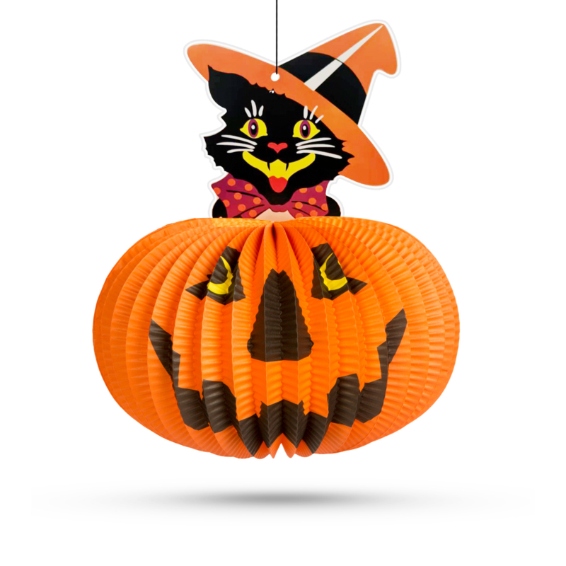 Halloweeni tökös lampion - macskával - 26 cm